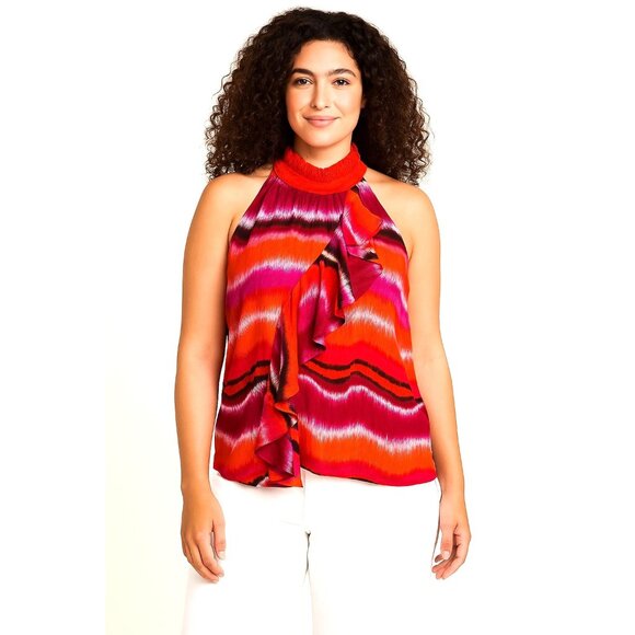 Ashley Stewart Sleeveless Ruffle Halter Blouse In Pink Orange Ikat Stripe Print - Picture 2 of 7
